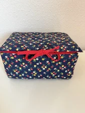 Vintage Floral Fabric Storage Box with Red Ribbon Closure, possible sewing box