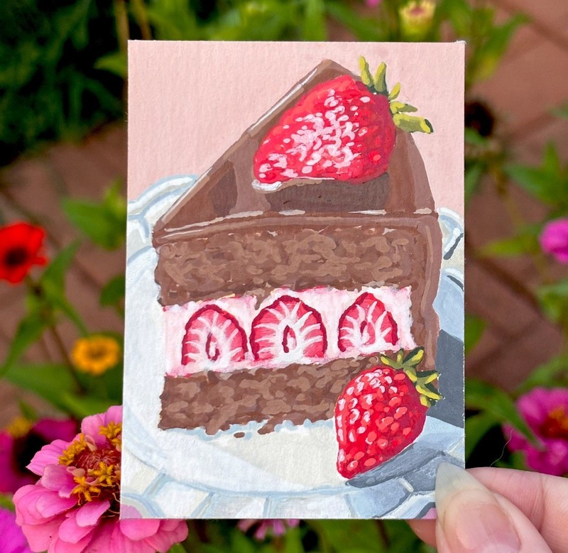 ACEO Chocolate Strawberry Cake Original Painting by Daelian - Sweet Series #6