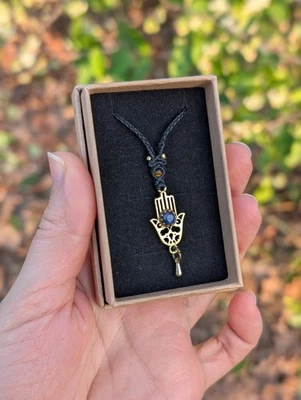 Makramee Kette Mit Lapislazuli Edelstein Messinganhänger Boho Halskette Neu - Bild 1 von 4
