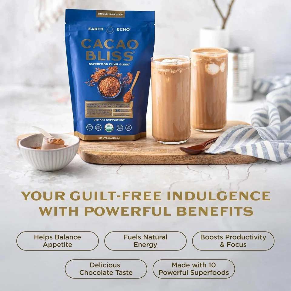 Superalimento orgánico Earth Echo Cacao Bliss en polvo con aceite MCT y cúrcuma para... Foto 3 de 4