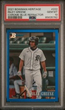 2021 BOWMAN HERITAGE CHROME BLUE REFRACTOR #222 RILEY GREENE /99 PSA 10 POP 1