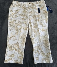 Chaps Straight Leg Denim Capris White with Golden Paisley Design Size:2 New w/ta
