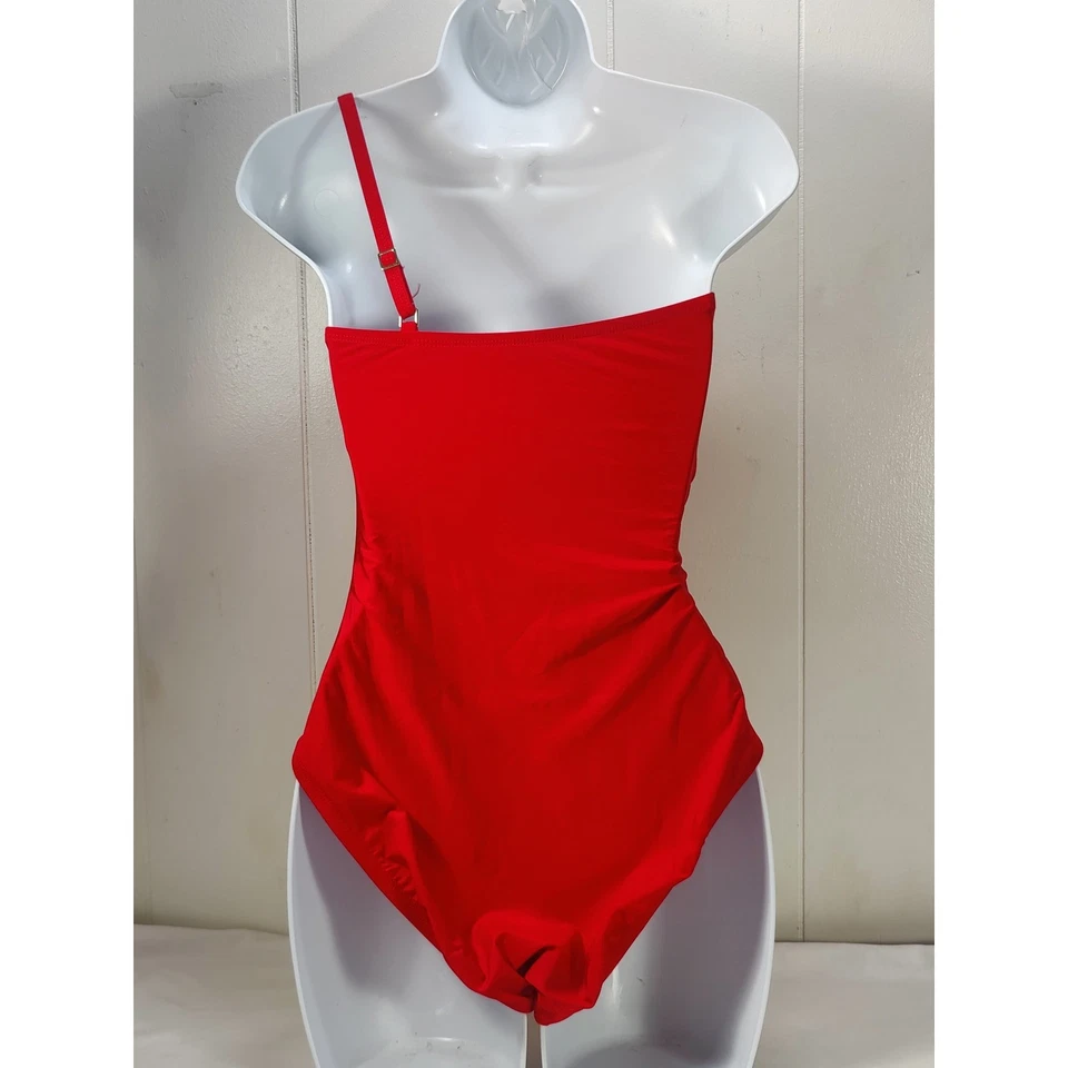 La Blanca Red One Shoulder Swimsuit Ruched Gold Hardware Size 8 - Image 2 of 4