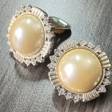 Kenneth Jay Lane Faux Pearl & Rhinestone Earrings - KJL Earrings - Clipon 