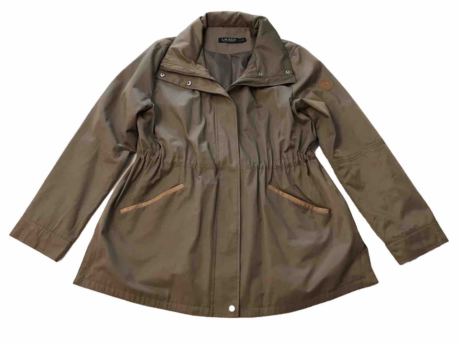 Lauren Ralph Lauren Hooded Jacket Coat Women XL Tan Zip Snap Adj Waist  READ