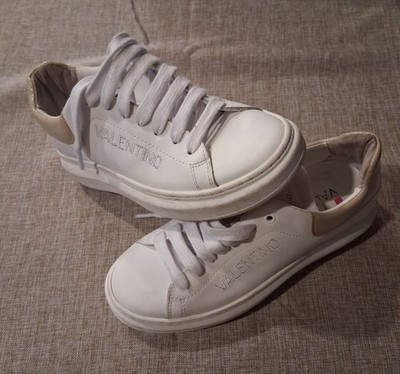 Valentino Women's White Beige Low Top Leather Sneakers Lace Up Logo Casual