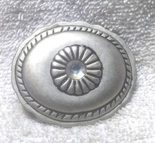 Silver Dull Oval Buckle Sunburst Center Rhinestone Rope Edge Great Vintage