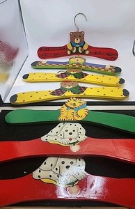 Vintage 1990’s Hand Painted Red Wooden Children’s Animal Hangers Set Of 7 11.5"