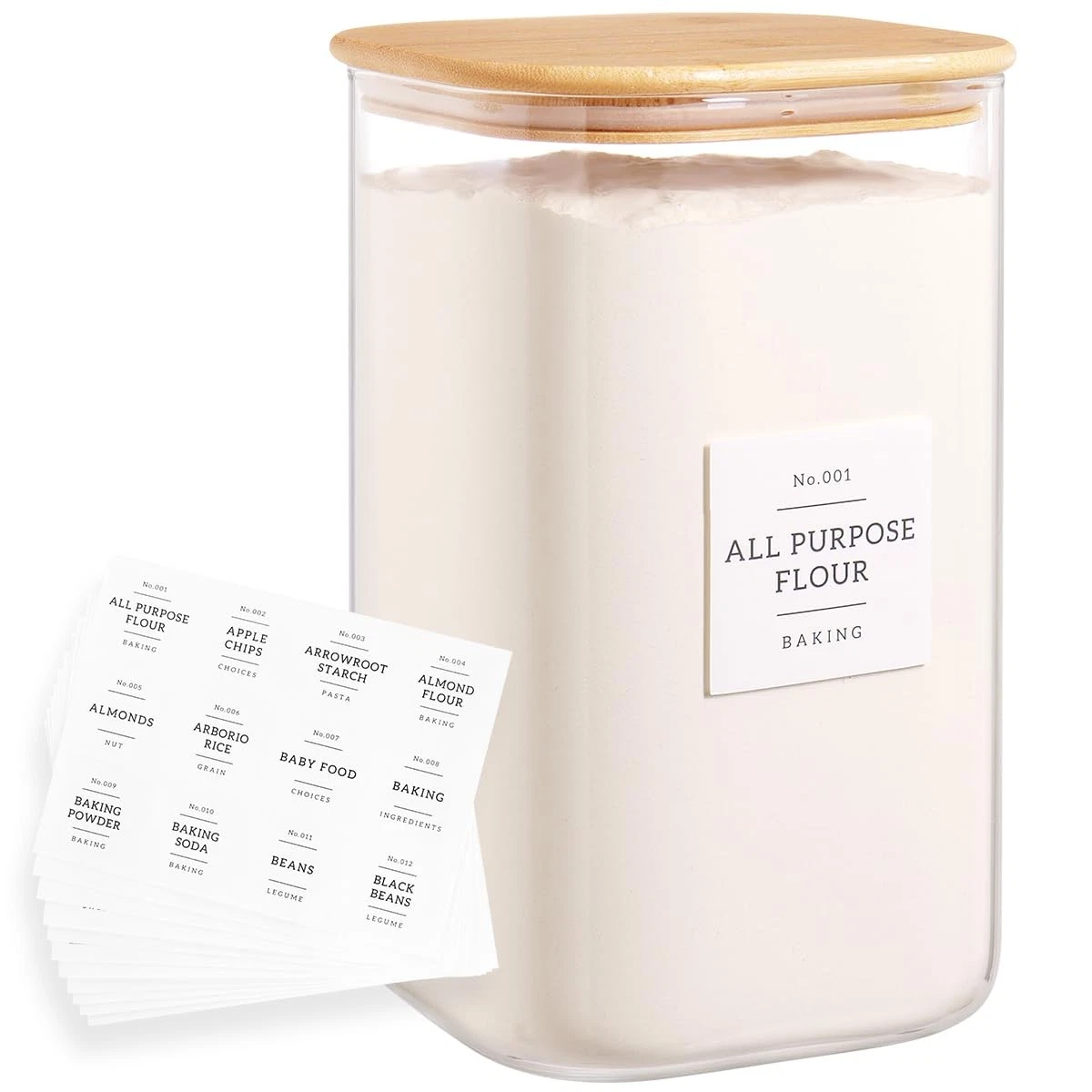 Large glass flour and sugar containers with 132 Kitchen Pantry Labels - 138 F...