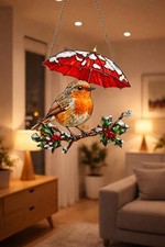 Robin Suncatcher Acrylic Window Art, Red Bird Glowing Ornament With Snowy