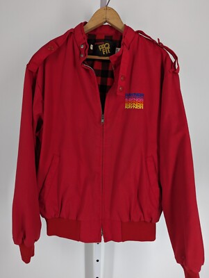 Vtg 70s Raynor Garage Door Utility Rainbow Logo Jacket Red Buffalo