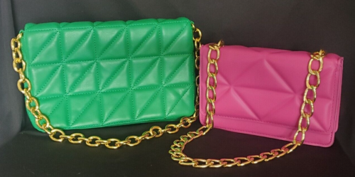 Lot of 2 Quilted Leather Gold Chain Link Flap Shoulder Bags Pink & Green - Picture 1 of 11