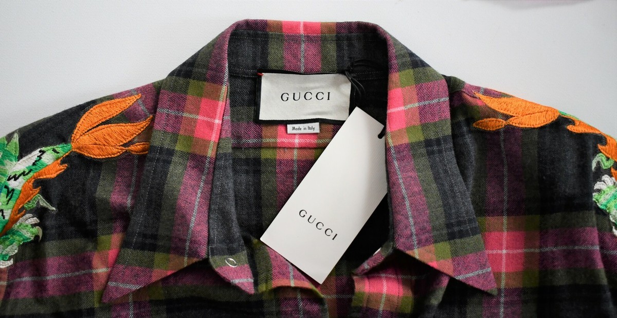 NEW Authentic GUCCI DRAGON-EMBROIDERED CHECK Printed Wool Men's