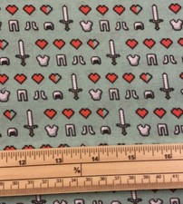 Fat Quarter Minecraft Icons, Health, Armor On Teal  100% Cotton Quilting Fabric