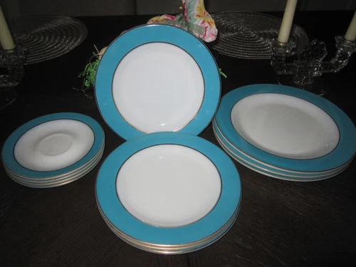 VTG PYREX 1960's MILK GLASS RESTAURANT PLATES~TURQUOISE BLUE/GOLD RIMS~11 PCS