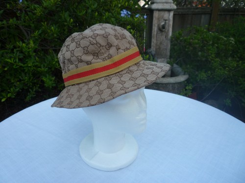Authentic Gucci Beige Bucket Hat GG Red/Gold Web Poly/Spandex Canvas Rare HTF - Picture 2 of 12