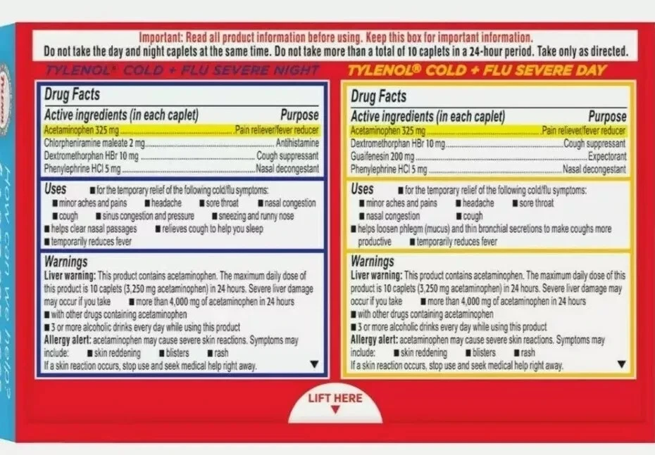 Tylenol Resfriado y Gripe Severo Día/Noche Acetaminofén 24 Comprimidos. EXP. 12/2025 Foto 3 de 4