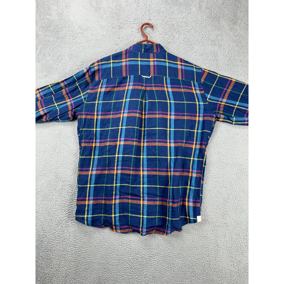 Mine Shirt Adult XL Blue Plaid 100% Linen Button Down Long Sleeve Pocket Mens - Image 3 of 4