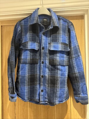 Zara Relaxed Fit Mens Overshirt Jacket Blue Mix Check Long