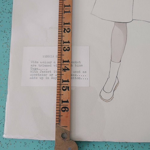 Vintage Fashion Sketch Tennis Outfit 17,5"x11,5" Aquarell in Kunststoff verpackt - Bild 6 von 7