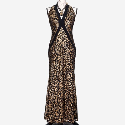 carmen marc valvo gold dress 1990S CARMEN MARC VALVO Chocolate Brown & Black Rayon Silk Burnout Velvet Backless Bias Gown main image 1