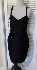 Sexy Black Bodycon Dress Exposed Back Zipper Sheath Waist Tie Sz L