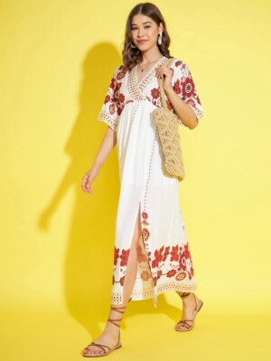 navy blue dress for baby girl Designer White Ethnic Motifs A-Line Midi Dress for Women, Indo Western  Dress