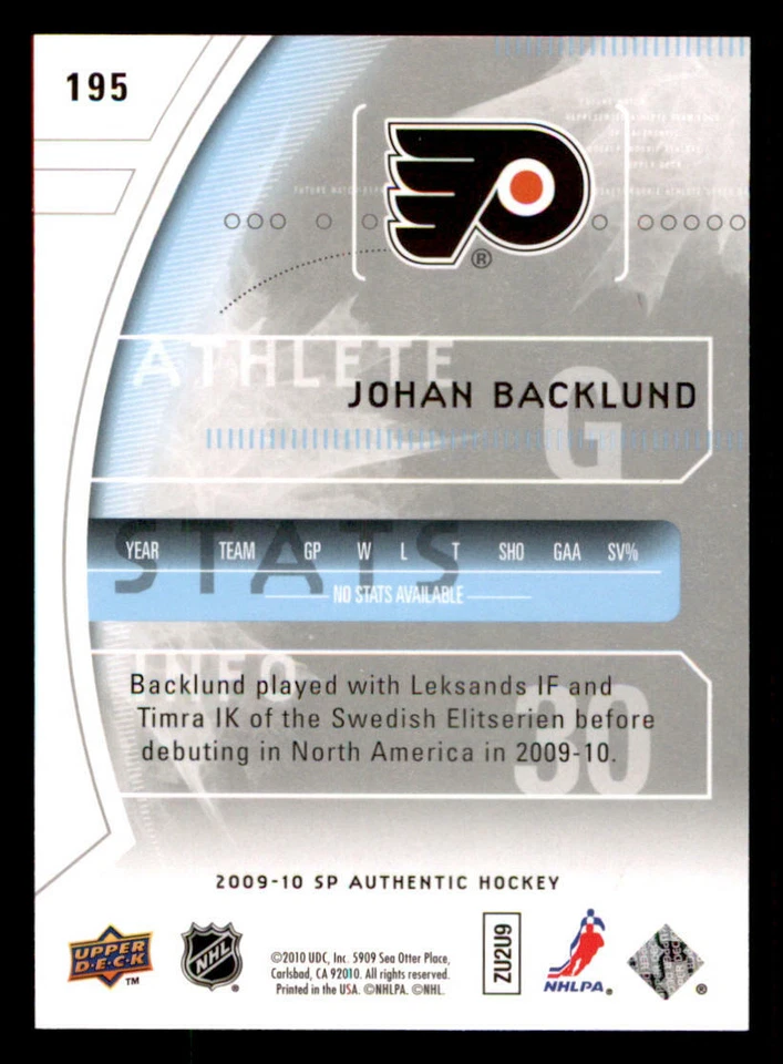 2009-10 SP Authentic #195 Johan Backlund RC /999 (ref 239826) - Image 2 of 2