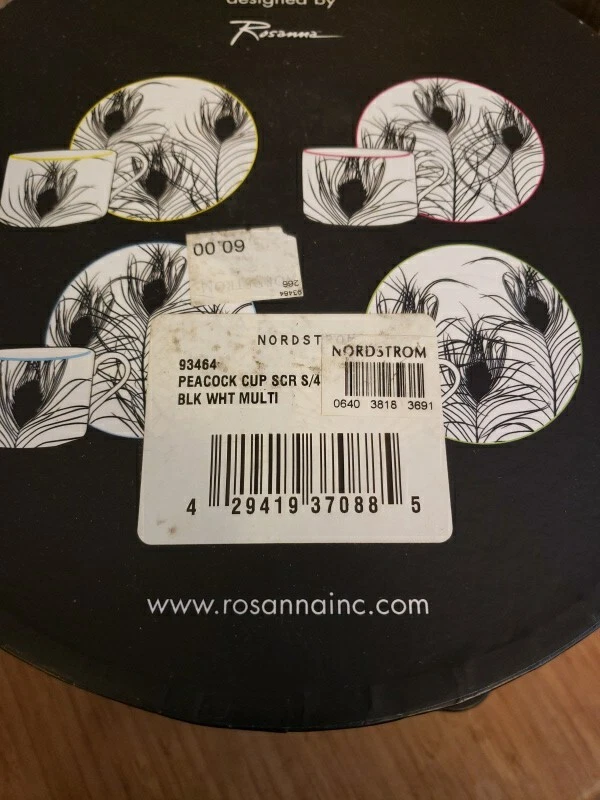  Plumas de pavo real de ROSANNA Juego de tazas/platillos de té blanco negro Juego de 4 cajas Art Deco Foto 3 de 4