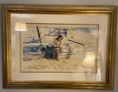 SELTENES ORIGINAL GORDON KING ''Waiting at the Beach'' hübsches Mädchen Frau GEMÄLDE