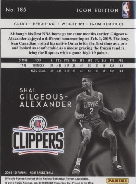 2018-19 Panini Noir - Shai Gilgeous-Alexander #185 for sale | eBay