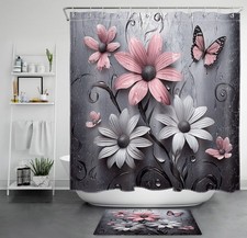Butterfly Botanical Gray and Pink Floral Shower Curtain Set for Bathroom Decor