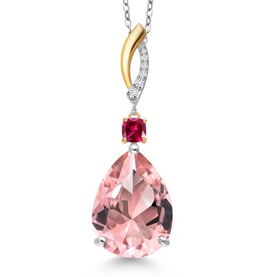 21.41 Ct Peach Nano Morganite Created Ruby 925 Silver and 10K Yellow Gold