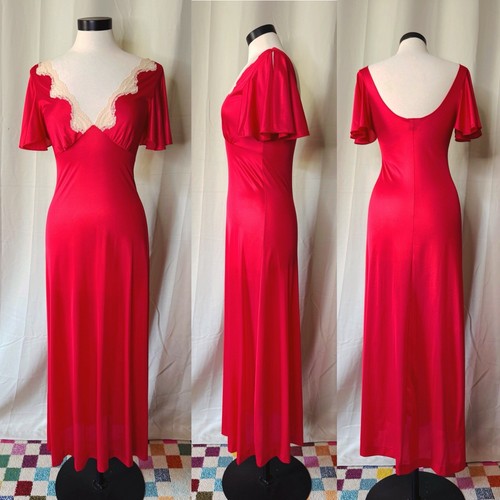 VTG 1960s G’s Slip Maxi Dress Gown Coral Red Satin Lace Flutter Sleeve - Picture 2 of 8
