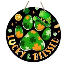 St Patricks Day Dog Cat Prints Front Door Sign, Lucky Blessed Black Wood Paw
