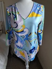 Jean-Pierre Klifa Womans Blouse Top Yellow Small Abstract Long Sleeve V Neck EUC