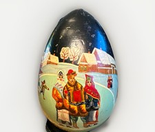 Vtg Hand Painted 6  Wooden Egg Russian Folk Art Lacquer Winter Signed 1996