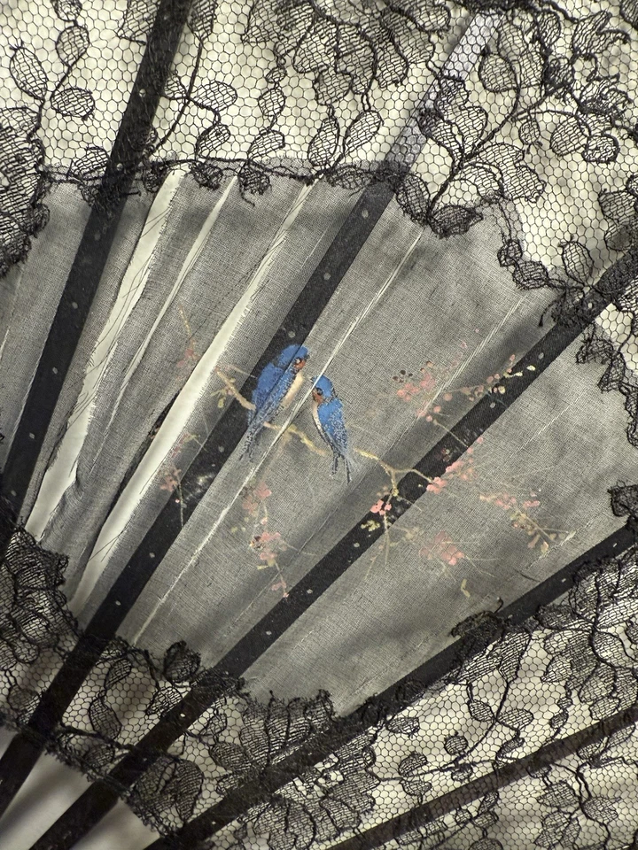 Antique Victorian Hand Painted Hand Fan Black Lace - Image 2 of 4