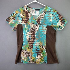 Cherokee Scrub Top Giraffe Print Small Blue Brown V-Neck Stretch Panels Medical