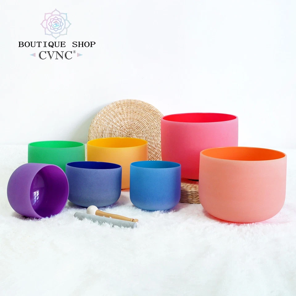CVNC 432Hz 6-12" 7pcs Colored Crystal Singing Bowl Set Chakra Sound Heal Reiki - Image 2 of 4