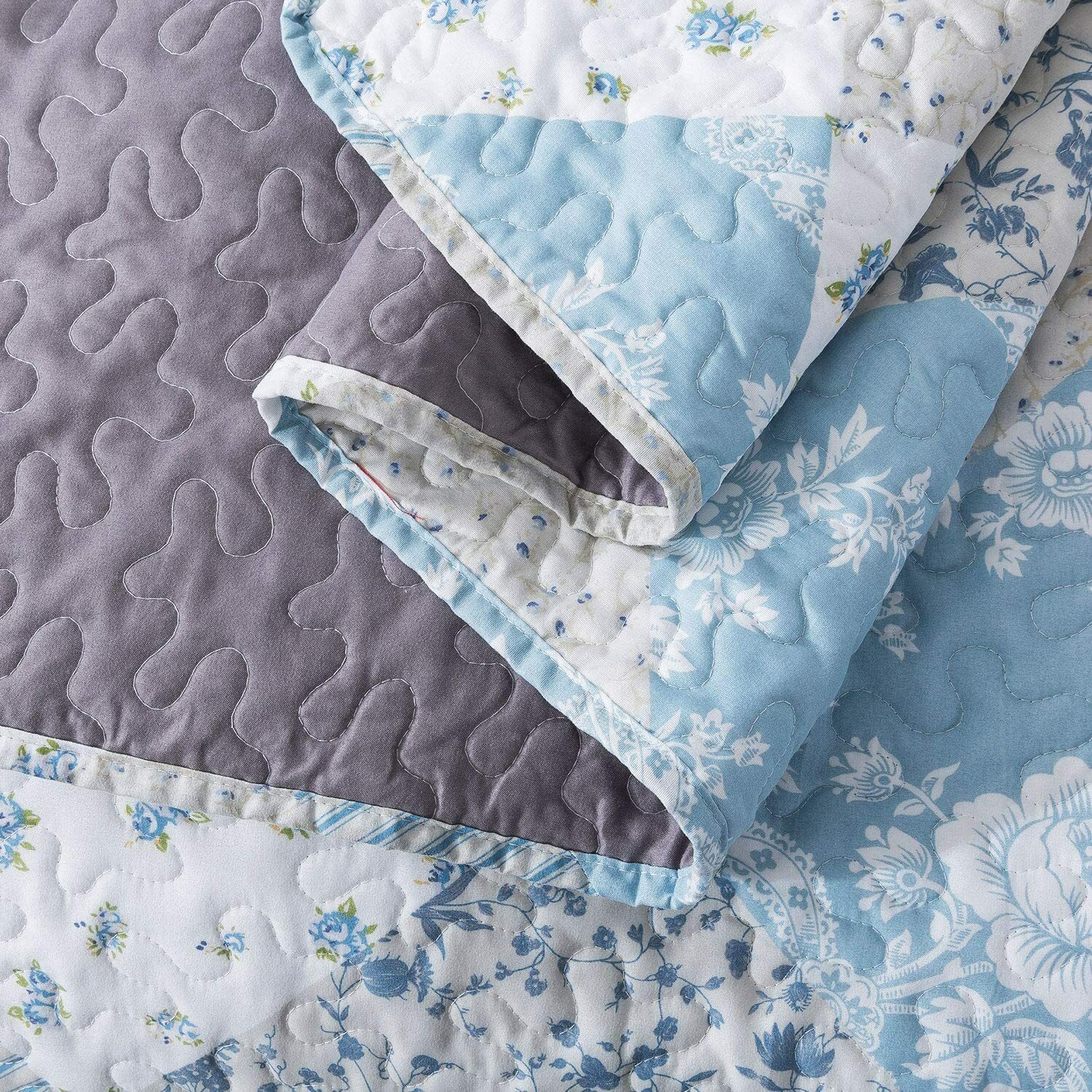 NEWLAKE Quilt Bedspread SetsBlue Classic Floral Pattern Reversible