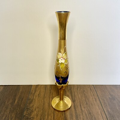 Murano-Style Glass Bud Glass Cobalt Blue With Gold Hand Painted 9''