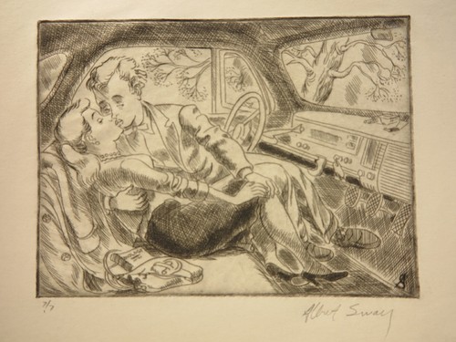 Albert Sway 1940's lovers in car romantic etching print