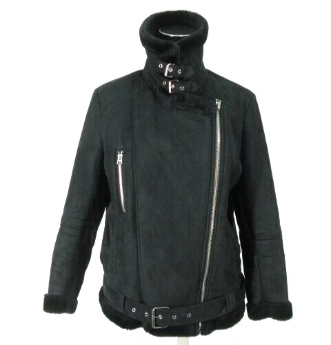Abrigo Top Shop Talla 8 Moto Motociclista Negro Imitación Gamuza Chaqueta Forro y Borde de Piel Sintética Foto 2 de 4