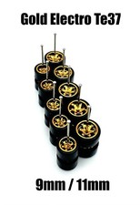 5x Gold 9mm / 11mm Te37 Real Rider Wheels w/ Rubber Tires for 1/64 HOT Wheels