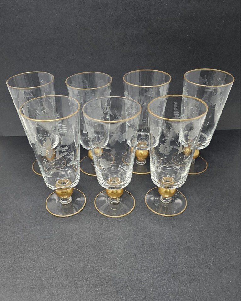 7 Vintage Glastonbury Lotus Etched Iced Tea Glasses Gold Ball Stem ...