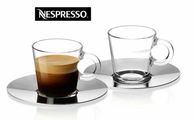 NESPRESSO VIEW Juego de 2 vasos de vidrio y platillos inoxidables Nuevo |  eBay
