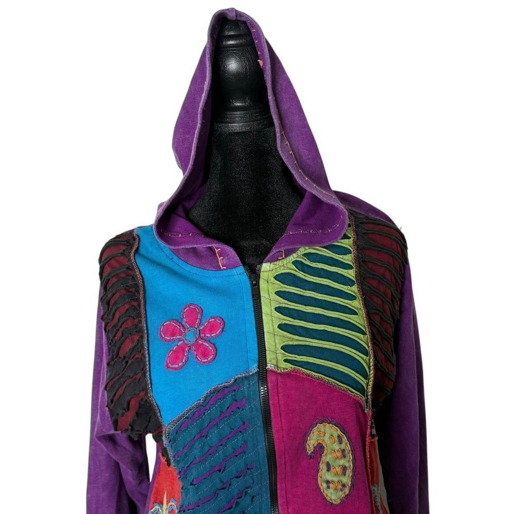 BOHO Patchwork Long Tunic Hoodie Jacket Size M Hi… - image 5