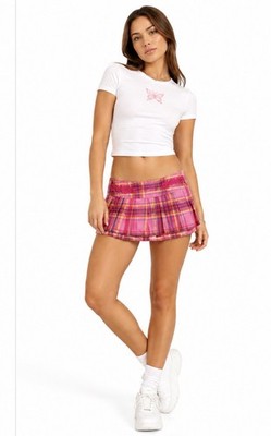 Axing Ma Pink Plaid Pleated Skort Y2K Mini Low Rise Schoolgirl Preppy No Size 