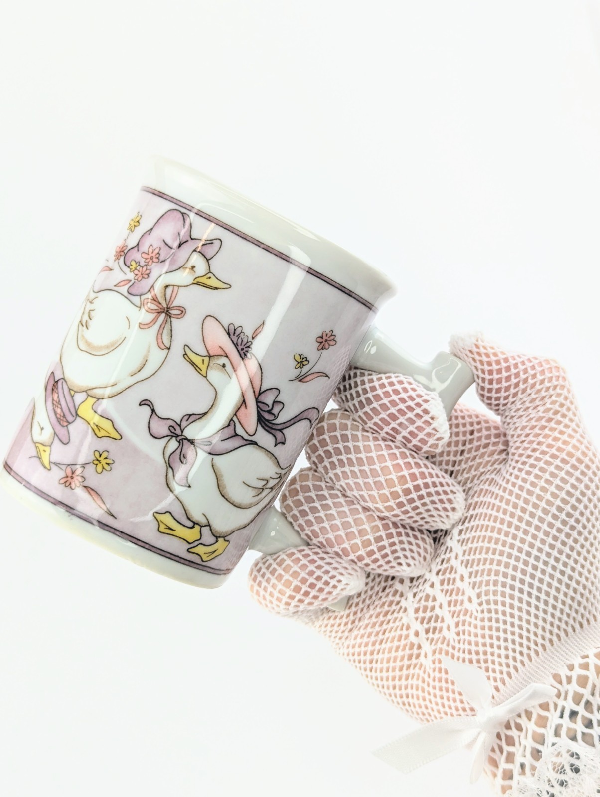 Vintage Country Geese Coffee Mug Pink Goose Ducks Bamboo Handle Cup 12oz